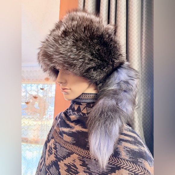 Accessories - Genuine Dyed Silver Fox Real Fur Trapper Hat Ushanka Fur Hat - Unisex